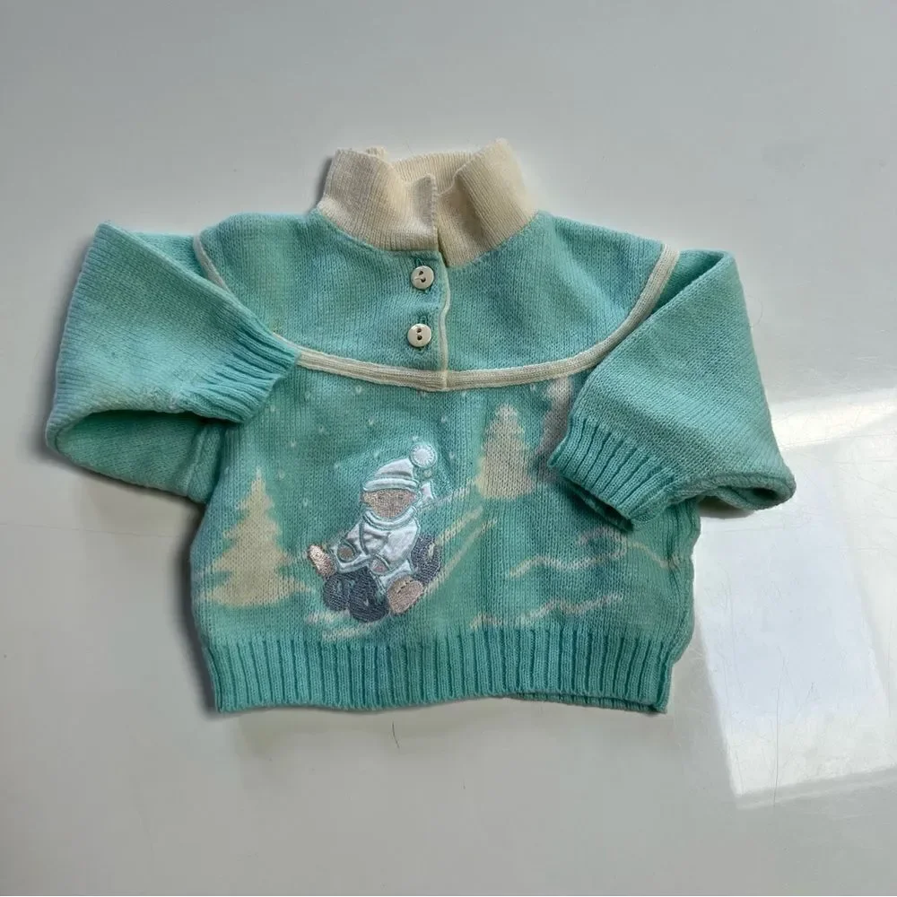 Rad Vintage 1980s Retro Swiss Teddy Bear Sled Apres Ski Twofer Collared Sweater